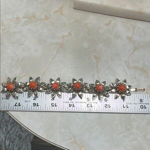 Vintage metal and acrylic MCM Silver tone and Orange acrylic bead bracelet